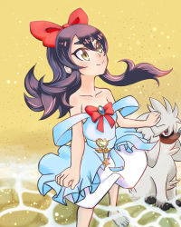 Rule 34 | 1girl, alouette (pokemon), bare shoulders, barefoot, black hair, blue dress, blush, bow, brown eyes, closed mouth, collarbone, creatures (company), dress, foot out of frame, furfrou, furfrou (natural), game freak, gen 6 pokemon, hair between eyes, hair bow, hand on another&#039;s head, long hair, looking to the side, looking up, nintendo, off-shoulder dress, off shoulder, pokemon, pokemon (anime), pokemon (creature), pokemon xy (anime), red bow, serena100, smile, standing, water