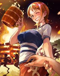 Rule 34 | 1boy, 1girl, beer mug, bonfire, cup, holding hands, looking at viewer, moroi, mug, nail polish, nami (one piece), one eye closed, one piece, orange hair, party, pov, pov hands, reaching, reaching towards viewer, red nails, short hair, smile, teeth, wink