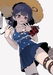 Rule 34 | 1girl, ahoge, black hair, blue skirt, blue one-piece swimsuit, blush, brown eyes, collarbone, grey background, hat, kantai collection, long hair, monaka ooji, one-piece swimsuit, open mouth, pleated skirt, polka dot, polka dot swimsuit, simple background, skirt, solo, sun hat, swimsuit, ushio (kancolle)