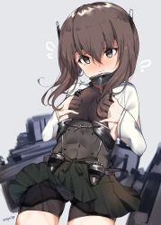 Rule 34 | 1girl, bike shorts, black shorts, black skirt, blush, brown eyes, brown hair, cameltoe, commentary request, cowboy shot, flat chest, from below, grey background, hair between eyes, hands on own breasts, headband, headgear, highres, kantai collection, miyasaka miyabi, pleated skirt, rigging, shorts, simple background, skirt, solo, taihou (kancolle), twitter username