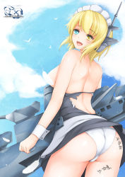 Rule 34 | 1girl, absurdres, ass, back, blonde hair, body writing, breasts, clothes lift, convenient censoring, dress, dress lift, feathers, green eyes, hairband, heterochromia, highres, hms repulse, panties, repulse (warship girls r), ruyi (teemoteemo), short hair, signature, torn clothes, torn dress, underwear, warship girls r, yellow eyes