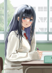 Rule 34 | 1girl, absurdres, aimi (tikichin0229), black hair, blue eyes, blunt bangs, blush, book, bow, bowtie, breasts, day, desk, from side, highres, holding, holding pen, indoors, large breasts, long hair, long sleeves, looking at viewer, looking to the side, open book, original, parted lips, pen, red bow, red bowtie, school desk, school uniform, sitting, sleeves past wrists, smile, solo, sweater, upper body, white sweater, window, wing collar, writing