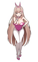 Rule 34 | 1girl, animal ears, bitbba, blush, bow, bowtie, breasts, cleavage, detached collar, fake animal ears, finger to mouth, goddess of victory: nikke, hand on own hip, high heels, highleg, highleg leotard, highres, horns, large breasts, leotard, light brown hair, long hair, mole, mole under eye, official alternate costume, one eye closed, pantyhose, pink bow, pink bowtie, pink eyes, pink footwear, pink horns, pink leotard, playboy bunny, rabbit ears, shushing, sidelocks, simple background, solo, strapless, strapless leotard, very long hair, viper (nikke), viper (toxic rabbit) (nikke), white background, white pantyhose, wrist cuffs