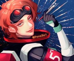 Rule 34 | 1girl, apex legends, black gloves, blue eyes, from side, gloves, goggles, goggles on head, holding, holding pen, horizon (apex legends), looking at viewer, orange hair, pen, portrait, smile, solo, space, spacesuit, sparkle, tama (ponz3o1)