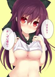 Rule 34 | 1girl, blush, bow, breasts, brown hair, clothes lift, daijoubu? oppai momu?, eyebrows, hair between eyes, hair bow, head tilt, large breasts, lifting own clothes, long hair, looking at viewer, minamura haruki, navel, open mouth, raised eyebrows, red eyes, reiuji utsuho, shirt lift, simple background, solo, touhou, translated, underboob, upper body, yellow background