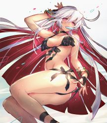 Rule 34 | 1girl, ahoge, bangle, bare shoulders, bikini, bikini top only, blush, bracelet, breasts, choker, food, frilled bikini, frilled bikini top, frills, guilty gear, guilty gear xrd, jack-o&#039; valentine, jewelry, large breasts, long hair, looking at viewer, mouth hold, multicolored hair, oro (sumakaita), popsicle, red eyes, red hair, scrunchie, side-tie bikini bottom, silver hair, solo, swimsuit, two-tone hair