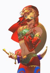 Rule 34 | 1boy, alternate color, arabian clothes, armlet, bare shoulders, blonde hair, bridal gauntlets, circlet, closed mouth, collarbone, cowboy shot, crossdressing, detached sleeves, duoj ji, gerudo set (zelda), grey background, halterneck, hand up, harem pants, highres, holding, holding weapon, link, looking at viewer, male focus, midriff, mouth veil, navel, navel piercing, nintendo, official alternate costume, pants, piercing, pointy ears, sheath, sheathed, short hair, simple background, stomach, the legend of zelda, the legend of zelda: breath of the wild, trap, veil, weapon