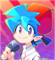 Rule 34 | 1boy, backwards hat, blue hair, boyfriend (friday night funkin&#039;), commentary, english commentary, facing viewer, friday night funkin&#039;, gradient background, green outline, hat, holding, holding microphone, looking at viewer, microphone, no symbol, outline, portrait, red hat, shirt, simple background, smile, solo, thegreatrouge, white shirt