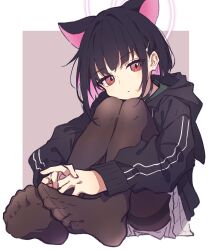 Rule 34 | 1girl, absurdres, aitekku, animal ears, black choker, black hair, black hoodie, black pantyhose, blue archive, cat ears, choker, colored inner hair, expressionless, extra ears, feet, full body, hair ornament, hairclip, halo, highres, hood, hoodie, kazusa (blue archive), knees to chest, knees up, looking at viewer, multicolored hair, no shoes, own hands together, pantyhose, pink hair, pink halo, red eyes, short hair, skirt, soles, solo, toes, two-tone hair