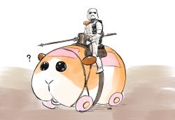 Rule 34 | 1boy, ?, black eyes, confused, crossover, guinea pig, haruichi (haruichithm), helmet, highres, holding, holding staff, looking at viewer, molcar, open mouth, parody, potato (pui pui molcar), pui pui molcar, riding, science fiction, staff, star wars, stormtrooper