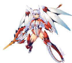Rule 34 | 1girl, armor, awakening (sennen sensou aigis), blue eyes, bodysuit, boots, breasts, cleavage, dragon tail, earrings, full body, hair ornament, head wings, jewelry, large breasts, leotard, long hair, lucille (sennen sensou aigis), sennen sensou aigis, solo, tail, thigh boots, thighhighs, transparent background, uchiu kazuma, weapon, white hair, wings
