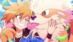 Rule 34 | 1boy, affectionate, arcanine, blonde hair, blue jacket, blue oak, blue oak (sygna suit), blurry, blush, brown eyes, cloud, commentary request, creatures (company), day, depth of field, falling leaves, game freak, gen 1 pokemon, grin, hand up, highres, inglebard, jacket, jewelry, leaf, licking, licking another&#039;s face, male focus, necklace, nintendo, official alternate costume, outdoors, pokemon, pokemon masters ex, shirt, short hair, sky, smile, spiked hair, teeth, upper body, wristband