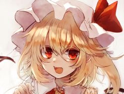 Rule 34 | 1girl, :d, ascot, beige background, blonde hair, blush, commentary request, fangs, flandre scarlet, frilled shirt collar, frills, hair between eyes, hands up, hat, hat ribbon, looking at viewer, maho moco, mob cap, one side up, open mouth, portrait, red eyes, red ribbon, ribbon, short hair, simple background, smile, solo, touhou, white hat, wings, yellow ascot