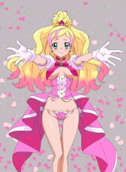 Rule 34 | 1girl, adapted costume, aqua eyes, bad id, bad pixiv id, blonde hair, blush, breasts, commentary request, covered erect nipples, cure flora, earrings, flower earrings, gluteal fold, go! princess precure, haruno haruka, highres, jewelry, legs together, long hair, looking at viewer, magical girl, medium breasts, multicolored hair, navel, ontaros, outstretched arms, panties, pink hair, pink skirt, precure, revealing clothes, shiny skin, side-tie panties, skirt, smile, solo, standing, streaked hair, thigh gap, two-tone hair, underboob, underwear