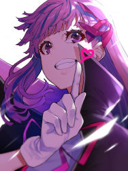 Rule 34 | 1girl, bb (fate), coat, fate/grand order, fate (series), gloves, grin, hair ribbon, high collar, highres, index finger raised, long hair, looking at viewer, mikan (chipstar182), neck ribbon, open clothes, open coat, purple hair, ribbon, simple background, smile, solo, upper body, white background, white gloves