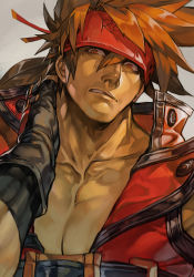 Rule 34 | 1boy, belt, brown eyes, brown hair, collarbone, fingerless gloves, gloves, grey background, guilty gear, guilty gear xrd, headband, hungry clicker, jacket, male focus, muscular, pectorals, red jacket, simple background, sol badguy, solo, upper body