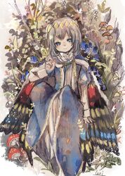 Rule 34 | 1boy, ame sato, blue eyes, blue flower, bluebell (flower), blush, brown hair, bug, butterfly, butterfly wings, circlet, cloak, fate/grand order, fate (series), flower, fur-trimmed cloak, fur trim, insect, insect wings, male focus, mushroom, oberon (fate), robe, short hair, signature, smile, solo, wings