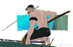 Rule 34 | 1boy, alternate costume, bara, baseball cap, fighting stance, from behind, from below, green shorts, hat, highres, long sideburns, looking to the side, male focus, mcbuckwheat, muscular, muscular male, one piece, roronoa zoro, short hair, shorts, sideburns, slippers, solo, topless male, triple wielding