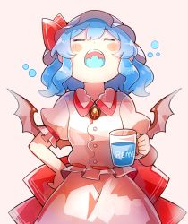 Rule 34 | 1girl, 60mai, = =, bat wings, blue hair, blush stickers, brooch, closed eyes, commentary request, cowboy shot, cup, dress, fangs, gargling, grey background, hair between eyes, hand on own hip, hat, hat ribbon, holding, holding cup, jewelry, mob cap, open mouth, pink dress, puffy short sleeves, puffy sleeves, red ribbon, remilia scarlet, ribbon, short hair, short sleeves, simple background, solo, standing, touhou, wings
