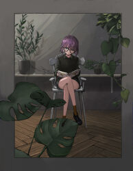 Rule 34 | 1girl, bare legs, black footwear, black shirt, black shorts, black vest, book, border, brown socks, chair, chrono trigger, closed mouth, collared shirt, crossed legs, full body, glasses, grey border, grey eyes, head tilt, holding, holding book, indoors, leaf, long sleeves, looking at viewer, lucca ashtear, mint (catofminto), on chair, open book, outside border, plant, potted plant, purple hair, shelf, shirt, shoes, short hair, shorts, sitting, smile, socks, solo, sweater vest, vest, wooden floor