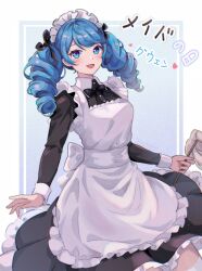 Rule 34 | 1girl, :d, alternate costume, apron, black dress, black ribbon, blue background, blue eyes, blue hair, blush, dress, drill hair, enmaided, frilled dress, frills, grey apron, gwen (league of legends), hair ribbon, heart, highres, holding, kureko0w0, league of legends, maid, maid apron, maid day, maid headdress, open mouth, ribbon, smile, solo, translation request, twin drills, twintails, white background