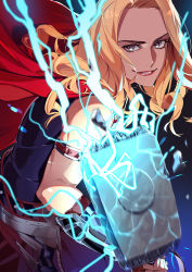 Rule 34 | 1girl, alternate costume, animification, armor, bare shoulders, blonde hair, brown eyes, cape, commentary request, electricity, faulds, forehead, hammer, highres, holding, ibaraki shun, jane foster, long hair, marvel, marvel cinematic universe, mjolnir (marvel), muscular, muscular female, parted lips, red cape, red lips, solo, superhero costume, thor: love and thunder, thor (marvel), upper body, v-shaped eyebrows, vambraces, western comics (style)