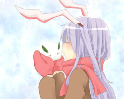 Rule 34 | 1girl, :3, animal ears, female focus, kiss, leaf, mittens, object kiss, rabbit ears, red mittens, reisen udongein inaba, scarf, solo, touhou, yumesuke