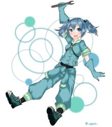 Rule 34 | 1girl, arm up, blue eyes, blue hair, boots, clothes around waist, egret, fang, full body, gloves, hair bobbles, hair ornament, highres, jacket, kawashiro nitori, key, looking at viewer, matching hair/eyes, open mouth, pants, pocket, rubber gloves, shoes, short twintails, sleeves rolled up, smile, solo, sweater, sweater around waist, toeless footwear, touhou, twintails, twitter username, white background, wrench