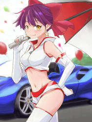 Rule 34 | 1girl, alternate costume, balloon, bare shoulders, blurry, blush, bow, car, choker, cowboy shot, cropped jacket, depth of field, earrings, elbow gloves, fang, fang out, ferrari, ferrari 488, from side, gegege no kitarou, gegege no kitarou 6, gloves, hair bow, hand on own hip, holding, holding umbrella, jacket, jewelry, looking at viewer, midriff, motor vehicle, navel, nekomusume, nekomusume (gegege no kitarou 6), outdoors, partially fingerless gloves, pointy ears, purple hair, race queen, red bow, shirt, short hair, short shorts, shorts, sleeveless, sleeveless shirt, solo, standing, star (symbol), star earrings, stomach, thighhighs, umbrella, white gloves, white jacket, white shirt, white shorts, white thighhighs, wind, yellow eyes, yuuka (a0240765), zipper pull tab