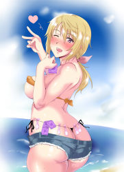 Rule 34 | 10s, 1girl, ass, bare shoulders, bikini, blonde hair, blush, breasts, butt crack, charlotte dunois, condom, condom belt, condom packet strip, condom wrapper, denim, denim shorts, from behind, hair ribbon, heart, infinite stratos, large breasts, long hair, looking at viewer, naughty face, one eye closed, open mouth, ponytail, purple eyes, ribbon, sakura kani, shiny skin, short shorts, shorts, sideboob, smile, solo, sweat, swimsuit, used condom, whale tail (clothing), wink