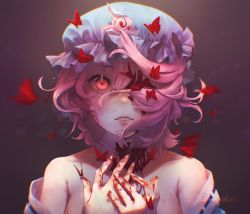Rule 34 | 1girl, bare shoulders, blood, blood on face, blood on hands, bloody tears, blue kimono, breasts, bug, butterfly, collarbone, dress, fingernails, floating hair, hair between eyes, hair over one eye, hands up, hat, highres, insect, japanese clothes, kimono, kureihii, looking at viewer, medium breasts, mob cap, off shoulder, open mouth, pink eyes, pink hair, ribbon-trimmed dress, saigyouji yuyuko, short hair, solo, teeth, touhou, triangular headpiece, twitter username, upper body, wavy hair, wind