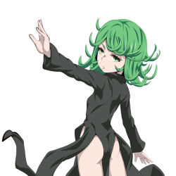 Rule 34 | 1girl, ass, black dress, caryo, curly hair, dress, flat ass, green eyes, green hair, looking back, lowres, matching hair/eyes, midori boushi, one-punch man, outstretched arm, short hair, simple background, solo, tatsumaki, white background