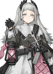 Rule 34 | 1girl, absurdres, ammunition belt, arknights, black gloves, black jacket, capelet, closed mouth, commentary, cowboy shot, earrings, gloves, grey eyes, grey hair, gun, head wings, highres, holding, holding lantern, irene (arknights), jacket, jewelry, lantern, layered skirt, long hair, long sleeves, looking at viewer, purple skirt, rain (rain8649), rapier, scar, scar across eye, scar on face, sheath, sheathed, simple background, skirt, solo, sword, weapon, white background, white capelet, white skirt, wings