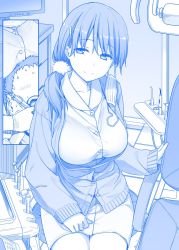 Rule 34 | 1boy, 1girl, blue theme, breast rest, breasts, breasts on head, cardigan, chair, collared shirt, comic, commentary, dentist, gloves, hair ornament, hair over shoulder, hair scrunchie, hairclip, himura kiseki, large breasts, mask, monochrome, mouth mask, no eyes, open mouth, original, pencil skirt, ponytail, scrunchie, shirt, silent comic, sitting, skirt, smile, surgical mask, teeth