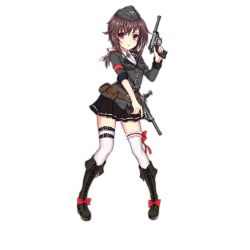 Rule 34 | 1girl, armband, artist request, black footwear, boots, bow, bridal garter, brown hair, cross, dual wielding, footwear bow, frilled thighhighs, frills, full body, garrison cap, girls&#039; frontline, gun, hair ribbon, handgun, hat, holding, holstered, iron cross, knee boots, looking at viewer, p38 (girls&#039; frontline), parted lips, platform boots, platform footwear, ponytail, purple eyes, red armband, red bow, ribbon, shoes, solo, thigh strap, thighhighs, transparent background, trigger discipline, walther, walther p38, weapon, wehrmacht