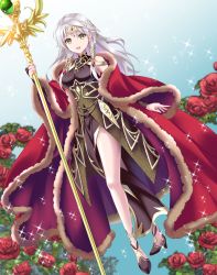 Rule 34 | 1girl, :d, bare legs, bare shoulders, black dress, black gloves, bridal gauntlets, circlet, coat, dress, earrings, fire emblem, fire emblem: radiant dawn, fire emblem cipher, fire emblem heroes, flower, full body, gloves, gradient background, grey hair, half updo, high heels, highres, holding, holding staff, jewelry, kakiko210, long hair, looking at viewer, micaiah (fire emblem), nintendo, official alternate costume, open mouth, red coat, red flower, rose, side slit, simple background, sleeveless, sleeveless dress, smile, solo, staff, star (symbol), yellow eyes