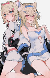 Rule 34 | 2girls, absurdres, animal ear fluff, animal ears, bandaid, bandaid hair ornament, belt, black jacket, blonde hair, blue belt, blue eyes, blue hair, breasts, cleavage, cropped jacket, cropped shirt, dog ears, dog girl, dress, fur-trimmed jacket, fur trim, fuwawa abyssgard, fuwawa abyssgard (1st costume), hair ornament, hairpin, headphones, headphones around neck, highres, hololive, hololive english, jacket, large breasts, long hair, looking at viewer, medium hair, mococo abyssgard, mococo abyssgard (1st costume), multicolored hair, multiple girls, pink belt, pink eyes, pink hair, shengtaki, shirt, short dress, short shorts, shorts, siblings, sidelocks, sisters, small breasts, streaked hair, twins, two side up, virtual youtuber, white background, white shirt, white shorts, x hair ornament
