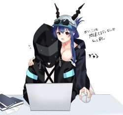 Rule 34 | 1girl, 1other, arknights, baseball cap, black jacket, blue hair, breasts, ch&#039;en (arknights), cleavage, collarbone, commentary request, computer, desk, doctor (arknights), eyewear on headwear, flying sweatdrops, folded ponytail, grey headwear, hair between eyes, hat, highres, hood, hood down, hood up, hooded jacket, horns, horns through headwear, jacket, laptop, lily0428, looking at viewer, medium breasts, mouse (computer), red eyes, shirt, simple background, sunglasses, sweat, translation request, v-shaped eyebrows, white background, white shirt