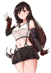 Rule 34 | 1girl, absurdres, arm at side, b b b b66, bare shoulders, black hair, black skirt, blush, breasts, closed mouth, commentary, cowboy shot, crop top, earrings, elbow gloves, elbow pads, final fantasy, final fantasy vii, final fantasy vii remake, fingerless gloves, gloves, hand up, highres, jewelry, large breasts, long hair, looking at viewer, midriff, mujinbensin, navel, red eyes, red gloves, shirt, simple background, skirt, sleeveless, smile, solo, standing, suspender skirt, suspenders, tank top, thighs, tifa lockhart, very long hair, waving, white background, white shirt