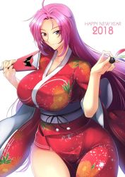Rule 34 | 1girl, 2018, breasts, curvy, haganef, happy new year, japanese clothes, kimono, large breasts, long hair, looking at viewer, new year, pink hair, purple eyes, selena recital, smile, solo, super robot wars, super robot wars alpha, wide hips