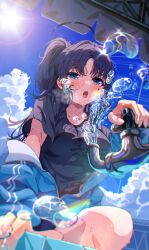 Rule 34 | 1girl, black shirt, blue archive, blue eyes, blue jacket, blush, clothes pull, faucet, halo, highres, jacket, jacket pull, long hair, long sleeves, official alternate costume, open mouth, partially unzipped, ponytail, purple hair, sakatsuki yakumo, shirt, short sleeves, solo, water, yuuka (blue archive), yuuka (track) (blue archive)