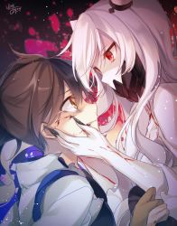 Rule 34 | 10s, 2girls, abyssal ship, artist name, bags under eyes, blood, brown eyes, brown hair, commentary request, cuts, fingernails, from side, gloves, hand on another&#039;s cheek, hand on another&#039;s face, highres, injury, jpeg artifacts, kaga (kancolle), kantai collection, long fingernails, long hair, midway princess, multiple girls, one-hour drawing challenge, pale skin, partially fingerless gloves, partly fingerless gloves, profile, red eyes, sharp fingernails, side ponytail, signature, tasuki, toosaka asagi, very long hair, white hair, yugake