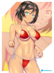 Rule 34 | 1girl, bikini, breasts, brown hair, cleavage, crotch, dark-skinned female, dark skin, etchimune, green eyes, holding, holding strap, honchan, large breasts, looking at viewer, nail polish, navel, nchans, nchans style, open mouth, red bikini, short hair, smile, solo, swimsuit, twitter username