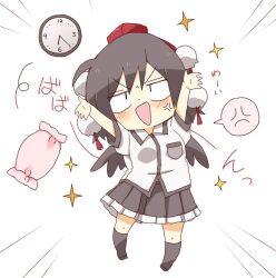 Rule 34 | 1girl, anger vein, arms up, black hair, black skirt, black socks, black wings, blush, breasts, chibi, clock, collared shirt, commentary request, dress shirt, emphasis lines, feathered wings, frilled skirt, frills, full body, hat, highres, kneehighs, looking at viewer, no shoes, open mouth, pillow, pleated skirt, puffy short sleeves, puffy sleeves, red hat, shameimaru aya, shirt, short sleeves, simple background, skirt, small breasts, socks, solo, sparkle, spoken anger vein, tokin hat, totoharu (kujirai minato), touhou, v-shaped eyebrows, wall clock, white background, white shirt, wings