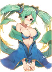 Rule 34 | 1girl, adapted costume, aqua hair, bare shoulders, blonde hair, blue dress, blue eyes, blush, breasts, cleavage, clothing cutout, collarbone, dress, covered erect nipples, female focus, gradient hair, hair ornament, large breasts, league of legends, long hair, looking at viewer, mukka, multicolored hair, navel cutout, off shoulder, solo, sona (league of legends), twintails, upper body, very long hair