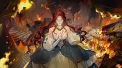 Rule 34 | 1girl, artist request, bare shoulders, blue dress, blue nails, breasts, burning, chandelier, closed eyes, closed mouth, crying, curtains, dress, earrings, facing viewer, fingernails, fire, game cg, girls&#039; frontline, hand on own chest, jewelry, large breasts, long hair, long sleeves, miss passadou (girls&#039; frontline), necklace, official art, puffy long sleeves, puffy sleeves, red hair, skirt hold, smile, solo, stairs, tears, theater, two-tone dress, very long hair, white dress