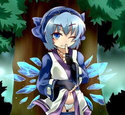 Rule 34 | 1girl, black gloves, blue eyes, blue hair, blue panties, bow, breasts, cameltoe, cirno, clothes lift, clothes pull, cosplay, finger to mouth, fingerless gloves, forest, gloves, grin, hair bow, hairband, hato no suisou, highres, ice, ice wings, large bow, looking at viewer, matching hair/eyes, nature, navel, one eye closed, panties, ribbon-trimmed sleeves, ribbon trim, rimururu, rimururu (cosplay), samurai spirits, short hair, shushing, skirt, skirt lift, skirt pull, small breasts, smile, solo, striped clothes, striped panties, touhou, tree, underwear, wide sleeves, wings, wink