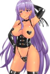 Rule 34 | 1girl, arm behind head, arm up, bb (fate), bb (fate) (all), bb (swimsuit mooncancer) (fate), black gloves, black panties, black thighhighs, breasts, cat o&#039; nine tails, earrings, elbow gloves, fate/grand order, fate (series), front zipper, gloves, hand on own hip, heart pasties, highres, holding, holding whip, jewelry, large breasts, latex, latex gloves, latex panties, latex thighhighs, long hair, moriya1707, navel, panties, pasties, purple eyes, purple hair, smile, solo, star (symbol), star earrings, tan, thighhighs, underbust, underwear, very long hair, whip, zipper panties