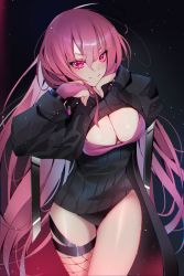 1girl black_panties black_sweater bra breasts cleavage cleavage_cutout clothing_cutout commentary english_commentary fingerless_gloves fishnet_thighhighs fishnets gloves highres hololive hololive_english large_breasts long_hair looking_at_viewer mori_calliope no_pants panties partially_fingerless_gloves pink_bra pink_gloves pink_hair red_eyes single_thighhigh smile sweater the0neulost thighhighs underwear virtual_youtuber