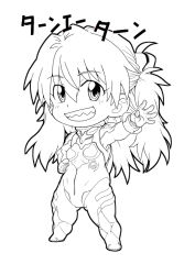Rule 34 | 1girl, bodysuit, breasts, chibi, dbqp, full body, grin, hair ornament, hand on own hip, happy, long hair, looking at viewer, medium breasts, neon genesis evangelion, plugsuit, salute, sharp teeth, simple background, skin tight, smile, solo, souryuu asuka langley, teeth, thighs, translation request, twintails